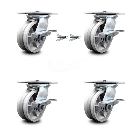 Service Caster 5 Inch V Groove Semi Steel Caster Set with Roller Bearing 4 Brake 2 Swivel Lock SCC-35S520-VGR-SLB-BSL-2-SLB-2